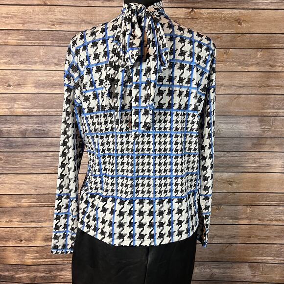 Nine West Black White & Blue Stripe Houndstooth Blouse Keyhole Back Size Small - Picture 3 of 8